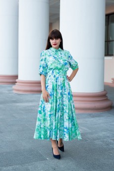 Платье 1181-1 зеленый + цветочный принт АСВ